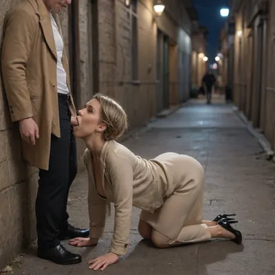 hyper photorealistic masterpiece, maximum quality, maximum details, maximum realism, russian milf, 40 years old, on street, back alley, (night), very short blonde pixie hair, (long light brown coat), (black high heels), on all fours, couple, (dressed man), blowjob, deep throat, full body view aside from afar