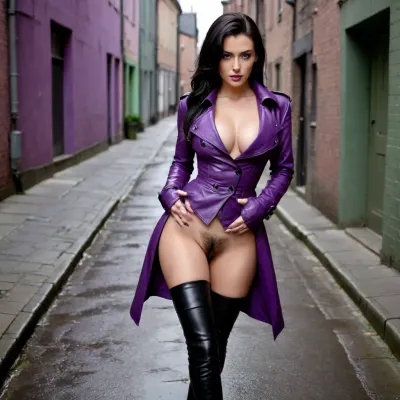 beautiful sexy raven haired woman standing, black hair, green eyes, ponytail, full body view, lots of makeup, ((purple)), leather trench coat, (trench coat is partially buttoned up 1.4), cleavage, seductive, (body glimpsed beneath trench coat 1.4), (her body is largely covered by the coat 1.4), leather corset, sat in an alleyway of an historic city, cobbled street, legs spread, good hands, perfect fingers, pale skin, knee high black leather boots, titillating, Pussy visible, large pink labia, large pink vulva, (sitting 1.4), (gaping pussy 1.4), (wet pussy 1.4), side view, bustyzoey, h41ry, <lora:826802_training_data:.8>, <lora:DetailedEyes_V3:.8>, <lora:bustyzoey:.8>, <lora:h41ry:1.1>