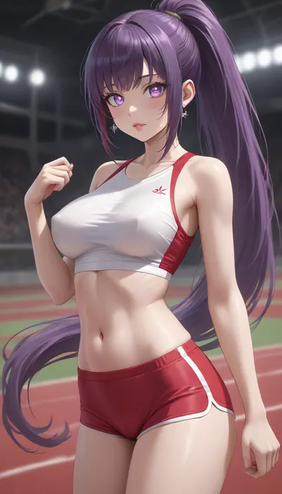 running track, (1girl), thin slim body, (huge tits), thin waist, (sparkling eyes:1.3), (glowing eyes:1.3), purple eyes, red lips, (very long ponytail:1.2), (saturated bright purple hair), (straight hair), (long straight bangs:1.2), (red BurumaShorts), (tight sexy mini shorts:1.2), (white sporty top), (extremely tight top:1.4), seducing, sexy, horny, <lora:Jeweled eyes-NAI:1.5>, <lora:BurumaShortsXL:1>