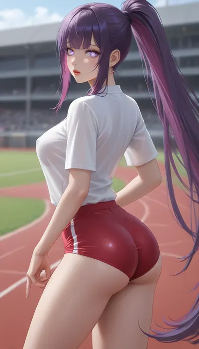 running track, (1girl), thin slim body, (huge tits), thin waist, (sparkling eyes:1.3), (glowing eyes:1.3), purple eyes, red lips, (very long ponytail:1.2), (saturated bright purple hair), (straight hair), (long straight bangs:1.2), (red BurumaShorts), (tight sexy mini shorts:1.2), (white shirt), (extremely tight shirt:1.4), (view on ass:1.2), seducing, sexy, horny, <lora:Jeweled eyes-NAI:1.5>, <lora:BurumaShortsXL:1>