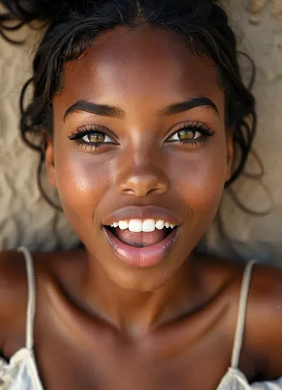 (View from above:1.5), (a 18 years old black haired African girl opens mouth lasciviously:1.3), highly detailed face, (perfect tongue:1.2), (opened mouth:1.5), green eyes, (braided black hair:1), (looking thankful at viewer:1.4), (incredibly youthful and sexy:1.5), (most beautiful sexy face:1.2), ((Rough charcoal sketch on white paper)), ((skinny figure:1.4)), ((naughty pose)), ((clean line art)), summer afternoon, warm sunlight, nature and plants in blurred background cinematic, ((glossy very deep seamless suntanned skin:1.5)), <lora:Midjourney Image Enhancer XL v1:.9>, <lora:style_lora_realis:.9>, <lora:Realistic_People_V1:.3>