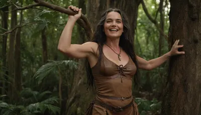 Amazon preist old women 50 yo tuching tree by one hand, clothed in brown hunter leather expensive clothes, gold lingery, bow hunter, leather sandals, long black dread hair, wide green eyes, (smiling), Very happy.

35mm Vintage photo, light dense jungle, extremely realistic, birds in air, visible ligt of sun