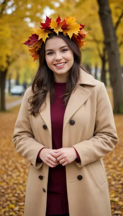 A captivating brunette just 18-year-old 4-feet-height well-built slightly plump woman, happily smiling, has a warm overcoat on, a maple autumn leaves wreath over head, in an autumn park