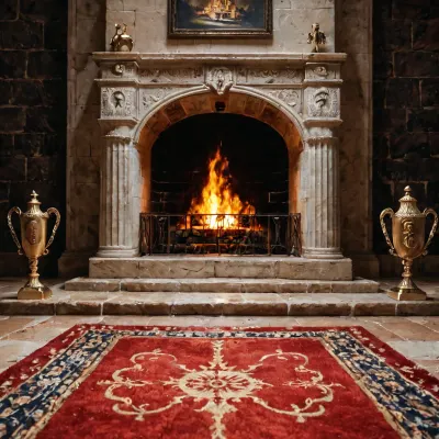 Cinematic quality, wide-angle shot, wall of an ancient castle, fireplace burning, carpet on the floor, trophy board above the fireplace, torches burning on the sides, hole in the board, only head and breasts of a naked woman sticking out of the hole, naked woman stuck, only head and breasts visible