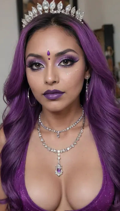 (high-quality facial detail:1.3), Indian sexy beautiful girl, (blue eyes:1.3), ((bimbo makeup, intense saturated glossy purple lipstick:1.2)), (Indian face:1.9), ((makeup:1.8), long blue eyelashes, olive eyeshadow with glitter), (lips:1.2), open mouth, saliva, in a transparent tight-fitting sequined dress, (pink-purple areoles are visible, nipples with piercings), an exquisite necklace and gold bracelets, (purple anus stretched around dildo), mid ejaculation, (penetration), she has long hair tied up in a bun, (purple pussy:1.7), nipple ringsnipple, (purple puffy anus:1.5), nipple ringsnipple rings, pussy view, slit pussy, slender long legs with a high waist, fishnet stockings, green stilettos, seductive grins, dark skin., (cum in mouth:1.3), (heavy pussy piercing:1.7), There is a lot of cum on the pubic area of the anus