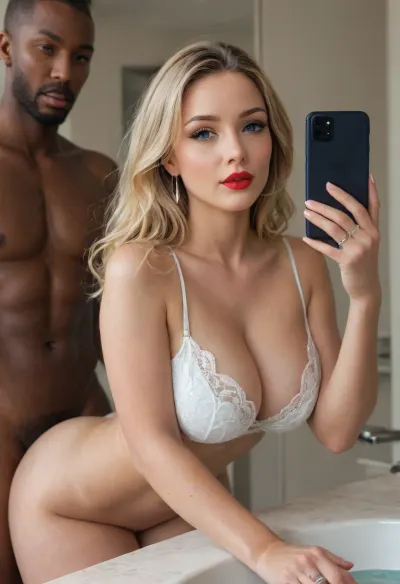 (Photorealistic masterpiece, best quality), Interracial couple fucking, (couple:1.6), ., 1woman, French, blonde hair, 40 years old, (beautiful:1.8), ((bright blue eyes)), ((wedding ring)), (curvy:1.7), (((fertile goddess))), (bubble butt), (wide hips), thick thighs, perfect heavy makeup, red lipstick, ((soft small B cup natural breasts)), (sexy lace bra), hedonistic expression of pure joy, bent over at the waist, resting her hands on the bathroom sink, looking at the viewer, (fucked from behind:1.6), by 1man, Black, (((male model))), big cock, muscular, grabbing her hair from behind., Bathroom setting, romantic and serene, ((close up)), side view, profile image, natural lighting, lit from the front, iPhone mirror selfie captured with a Leica M10, Leica Summilux 50mm f/1.4 lens, sharp focus, best shadow, score_9, score_8_up, 8K, UHD, clear image, extremely sharp, extremely detailed, extremely intricate detail, high res, ultra-high-definition, highly detailed, ultra-sharp textures, finely detailed, perfect skin texture, hyperrealistic lighting, professional photography, full dynamic range, deep contrast, high clarity, realistic depth of field, HDR, perfect exposure, smooth gradients, volumetric lighting, natural reflections, ultra-fine details, realistic skin pores, individual hair strands, bokeh, soft shadows, color-graded, iphone, mirror, selfie, holding, <lora:attractive_notrigger:1.5>, <lora:681678_training_data:.8>, <lora:phone_v01:.8>