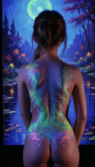blacklight uv painted on the back of a girl depicting art in the style of monet, <lora:bl4ckl1ghtxl:.5>