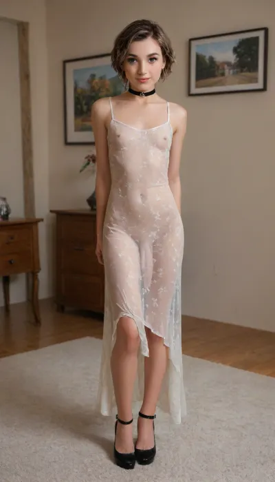 full length portrait, transsexual Andylynn Payne alone in dress, choker, big hoop earrings, short pixie-cut hair, flat-chested, boy's chest, cock is visible through dress, cock is showing through the front of her floral-print dress, high-heels, seductive smile, freckles, dimples, adorable, eyeshadow, mascara, eyeliner, lipstick, blush, background is a dark bedroom, flat, chested, andylynn55, <lora:flat_chested_v3.5:2>, <lora:AndyLynn55:2>, seethru, <lora:seethruv3_SDXL:.8>, Trfut, flac-futa, flac-penis, photo, artwork, <lora:SDXLlora4flFut-000014:.8>