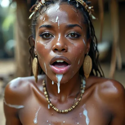 30 year old female ancient africa tribal queen, covered in thick white realistic cum, sexy expression, orgasm, orgasm face, Mouth half open, tongue on lip, eyes half closedwoman, cum, on, face, <lora:MJ52:.3>, <lora:BUT_SDXL_SHS:1.3>, <lora:add-detail-xl:.7>, <lora:CinematicStyle_v1:2>, <lora:JustCum:1.5>