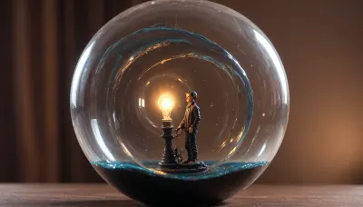 A spiral bubble, inside the bubble, (a mini man with a lamp in his hand, his image obscured by liquid glass), background fluid black oil waves, <lora:436263_training_data:.4>, <lora:BubbleXL:1.3>