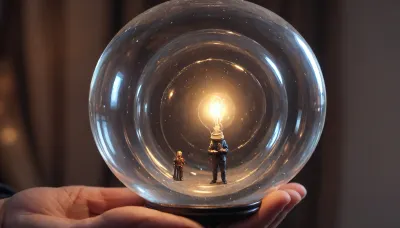 A spiral bubble, inside the bubble, (a mini man with a lamp in his hand, his image obscured by liquid glass), background fluid black oil waves, <lora:436263_training_data:.4>, <lora:BubbleXL:1.3>