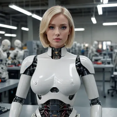 busty blonde robot being on lab table in robot factory