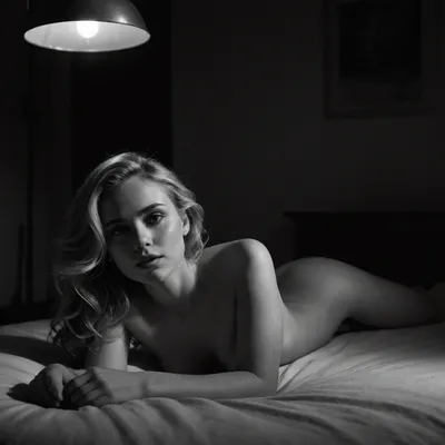 In a modern loft, (black and white photography), very contrasting light, romantic atmosphere, in a dark corner, a wonderful thin 25 year old woman lying near lamp, posing naked, blonde, unbuttoned shirt, she remains in the darkness, curled up on herself, watching at us, raw, eyes, perfecteyes, dark, theme, epiCNegative, beautypinupart, 1girl, great, lighting, Movie, Still, Film, Cinematic, Shot, Lighting, <lora:Her_Eyes:1.2>, <lora:PinupManiaXL_V1.0:.8>, <lora:WildcardX-XL-Detail-Enhancer:.8>, <lora:great_lighting:.8>, <lora:JuggerCineXL2:.8>