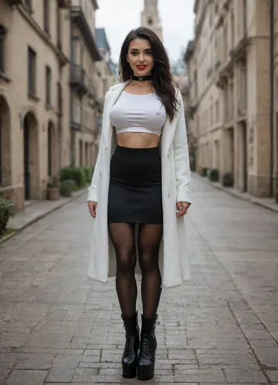 Single azeri girl is 30 years old, her height is 160 centimeters, her weight is 48 kilograms, bright makeup, high cheekbones, beautiful almond-shaped eyes, real eyes, thick eyelashes, steep arch thick eyebrows, white even teeth in mouth, joyful smile, (legs:1.3), (black high heel platform boots, black stockings, long black skirt, breasts under long white shirt, under black fur coat with collar), with radiant skin, very long straight layered flowing black hair, light skin color, warm skin, skinny body, skinny legs, skinny physique, six-pack, relief toned abs, skinny hips, relief muscles, (huge fake breasts, (DDDD-CUP), perfect round silicone breasts, toned breasts), highly detailed breasts, highly detailed skin, highly detailed face, highly detailed teeth, highly detailed hands, highly detailed arms, highly detailed fingers, highly detailed nails, highly detailed lips, highly detailed eyes, highly detailed legs, realistic, (best quality), masterpiece, high resolution, wallpaper 8k, UHD, (high quality), (super detail), 8K, (highest quality), (best details), (perfect lighting), perfect natural lighting, (best shadow), (best shot), (best lighting), (best shadow, best shaded shadows), shot with a Nikon Z7 II camera, very narrow waist, rounded hips, very high legs, 1girl, very big bright red lips, plump red lips, fingers with red manicure, yellow gold earings, hooker, walking in a garden near a palace, winter, snow.
