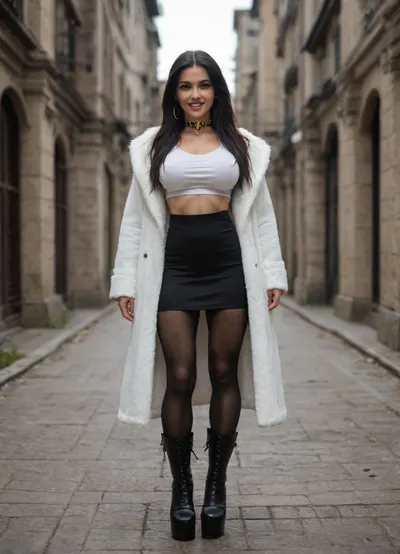 Single azeri girl is 30 years old, her height is 160 centimeters, her weight is 48 kilograms, bright makeup, high cheekbones, beautiful almond-shaped eyes, real eyes, thick eyelashes, steep arch thick eyebrows, white even teeth in mouth, joyful smile, (legs:1.3), (black high heel platform boots, black stockings, long black skirt, breasts under long white shirt, under black fur coat with collar), with radiant skin, very long straight layered flowing black hair, light skin color, warm skin, skinny body, skinny legs, skinny physique, six-pack, relief toned abs, skinny hips, relief muscles, (huge fake breasts, (DDDD-CUP), perfect round silicone breasts, toned breasts), highly detailed breasts, highly detailed skin, highly detailed face, highly detailed teeth, highly detailed hands, highly detailed arms, highly detailed fingers, highly detailed nails, highly detailed lips, highly detailed eyes, highly detailed legs, realistic, (best quality), masterpiece, high resolution, wallpaper 8k, UHD, (high quality), (super detail), 8K, (highest quality), (best details), (perfect lighting), perfect natural lighting, (best shadow), (best shot), (best lighting), (best shadow, best shaded shadows), shot with a Nikon Z7 II camera, very narrow waist, rounded hips, very high legs, 1girl, very big bright red lips, plump red lips, fingers with red manicure, yellow gold earings, hooker, walking in a garden near a palace, winter, snow.