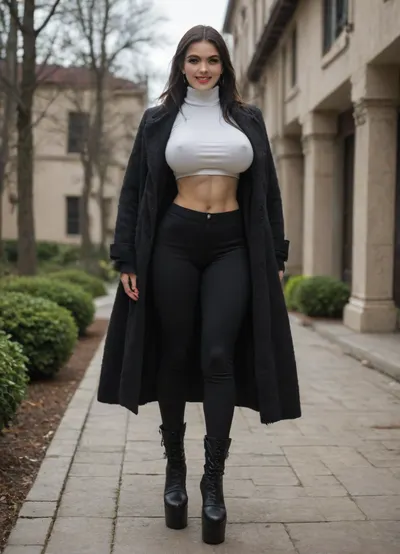 Single azeri girl is 30 years old, her height is 160 centimeters, her weight is 48 kilograms, bright makeup, high cheekbones, beautiful almond-shaped eyes, real eyes, thick eyelashes, steep arch thick eyebrows, white even teeth in mouth, joyful smile, (legs:1.3), (black high heel platform boots, black trousers, breasts under long white shirt, under black fur coat with high collar), with radiant skin, very long straight layered flowing black hair, light skin color, warm skin, skinny body, skinny legs, skinny physique, six-pack, relief toned abs, skinny hips, relief muscles, (huge fake breasts, (DDDD-CUP), perfect round silicone breasts, bouncy breasts, toned breasts), highly detailed breasts, highly detailed skin, highly detailed face, highly detailed teeth, highly detailed hands, highly detailed arms, highly detailed fingers, highly detailed nails, highly detailed lips, highly detailed eyes, highly detailed legs, realistic, (best quality), masterpiece, high resolution, wallpaper 8k, UHD, (high quality), (super detail), 8K, (highest quality), (best details), (perfect lighting), perfect natural lighting, (best shadow), (best shot), (best lighting), (best shadow, best shaded shadows), shot with a Nikon Z7 II camera, very narrow waist, rounded hips, very high legs, 1girl, very big bright red lips, plump red lips, fingers with red manicure, yellow gold earings, hooker, walking in a garden near a palace, winter, snow.