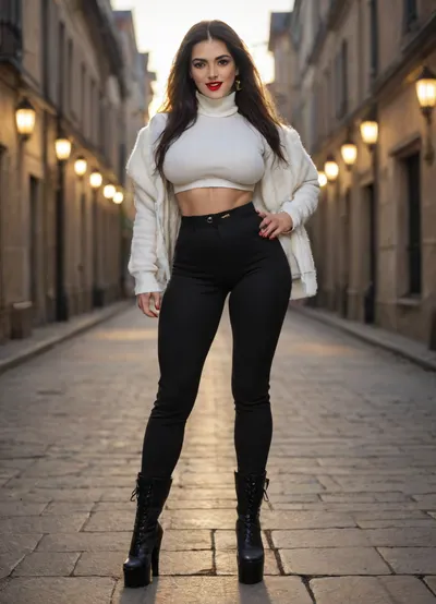 Single azeri girl is 30 years old, her height is 160 centimeters, her weight is 48 kilograms, bright makeup, high cheekbones, beautiful almond-shaped eyes, real eyes, thick eyelashes, steep arch thick eyebrows, white even teeth in mouth, joyful smile, (legs:1.3), (black high heel platform boots, black trousers, breasts under long white shirt, under warm jacket with high collar), with radiant skin, very long straight layered flowing black hair, light skin color, warm skin, skinny body, skinny legs, skinny physique, six-pack, relief toned abs, skinny hips, relief muscles, (huge fake breasts, (DDDD-CUP), perfect round silicone breasts, bouncy breasts, toned breasts), highly detailed breasts, highly detailed skin, highly detailed face, highly detailed teeth, highly detailed hands, highly detailed arms, highly detailed fingers, highly detailed nails, highly detailed lips, highly detailed eyes, highly detailed legs, realistic, (best quality), masterpiece, high resolution, wallpaper 8k, UHD, (high quality), (super detail), 8K, (highest quality), (best details), (perfect lighting), perfect natural lighting, (best shadow), (best shot), (best lighting), (best shadow, best shaded shadows), shot with a Nikon Z7 II camera, very narrow waist, rounded hips, very high legs, 1girl, very big bright red lips, plump red lips, fingers with red manicure, yellow gold earings, hooker, walking in a backyard near a palace, winter, snow.
