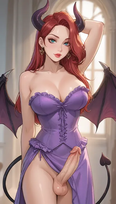 Score_9, score_8_up, score_7_up, reiq meets markgavatino and melkor mancin artstyle. Jessica rabbit., ((large demonic wings that are black and fade to purple)), black to purple demon horns, demon tail, demonic, succubus, (((transgender))), (((futanari))), trans, femboy, shemale, tranny.
purple and red hair., (((penis))), large penis, (huge penis), (very thick penis), balls, penis visible., (((huge breasts spilling out of corset))), ((EE breasts)), natural breasts, soft breasts, sagging breasts.

arching back, luxurious tight dark purple micro dress, ((corset over dress with lace frills), dress with no front exposing penis, no panties, dancing, mid-motion shot, vintage 50's strip club, bright apotlight, ratatatat74, high contrast, (thick outline), <lora:ratatatat74-000050:.7>, <lora:cartoon_stickers_xl_v1:.7>, <lora:209970_training_data:2>)