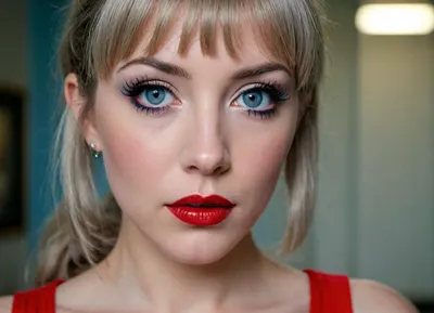 I have snake eyes, long blue eyelashes, eyeliner, lush and bright red lips with silver sparkles, narrow eyebrows, pearly hair, straight bangs, 5 pigtails, manicure, and I'm not a girl. Who am I?