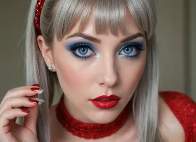 I have snake eyes, long blue eyelashes, eyeliner, lush and bright red lips with silver sparkles, narrow eyebrows, pearly hair, straight bangs, 5 pigtails, manicure, and I'm not a girl. Who am I?