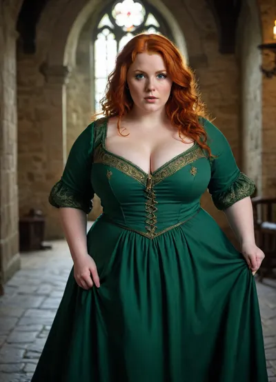 seductive shameless irish redhead bbw in medieval green dress with very low neckline, her tits are almost naked, big breasts in a low-cut dress seductive shameless irish redhead bbw in medieval green dress with very low neckline, her tits are almost naked, big breasts in a low-cut dress