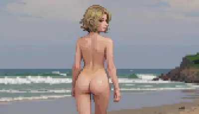 (looking forward:1.5), (narrow thigs:1.4), (dynamic seductive pose:1.4), (thin legs:1.3), (thin thighs:1.4), thighs, (view from behind:1.4), (standing:1.2), (full body), (Dirty blonde hair:1.2), HD, ultra realistic freckles, (young), (white pale skin:1.4), (skinny slim body:1.4), (thin shoulders:1.4), (hair:1.3), (tousled bob cut:1.3), (tousled realistic detailed hair:1.4), perfect shadows, (4k, extreme detailed, 8k detailed, hq, high quality), (skinny slim ass:1.4), (thin narrow waist:1.4), (detailed freckles), (very Small body:1.4), (extremely detailed Small breasts:1.4), (Naked), best quality, highly detailed, detailed face, (18years old e girl:1.4), (sea beach background:1.3), (naked:1.4), Asian-Less2-Neg, BadDream, (photorealistic:1.4), beautiful woman, from behind, (very ass:1.4), (slim skinny ass:1.4), standing, high detail, hyper realistic, 8k HDR, <lora:pixel-art-xl-v1.1:.8>, <lora:pk_trainer_xl_v1:.8>, Pixel, Art, PixArFK, <lora:PixelArtRedmond-Lite64:.8>, pixel, art, <lora:pxx4_v1_alpha:.8>, lcas, artstyle, <lora:Lucasarts Artstyle - (Trigger is lcas artstyle):.8>