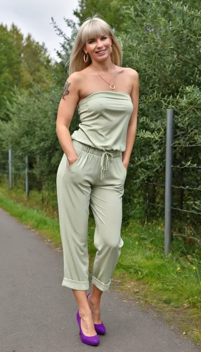 front view, walking fast To cross the, (cobbled street), 30 yo woman with a slim, athletic build. freckled, horny smile, hair is long, straight, and blonde with subtle darker undertones. She wears bangs that are swept slightly to the side, She wears an pastel colored olive-green strapless light chiffon jumpsuit, The wet top is fitted, while the pants are loose-fitting. Her hands are casually in her pockets, (pastel purple pumps), necklace, hoop earrings, The woman has several tattoos on her arms, upright and confident, windy, germany, backrousn, old fence, trees, Dorina
