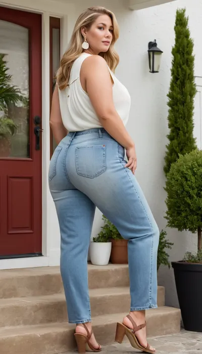 Photorealistic. Plus size jeans fashion style image. Full body view, chubby, plus size, prominent bulging fupa, age 60, waiting at the open the door, stairs, focus face, look at the viewer, rear to side view, very wide broad hips, curvy, bbw chubby milf, tall large, woman, pale skin, fat thick arms, wide low sagging butt cheeks, freckles. dirty blond long hair, bob haristyle, freckles, cloudy day, earrings, (very loose white sleeveless chiffon blouse open buttons), open some buttons, deep neckline, ((pookies)), jeans, barefoot, pretty handbag, date, elegant, pretty, outside, modern house, garage, street, courtyard entrance, light by flash, looks like a real pic