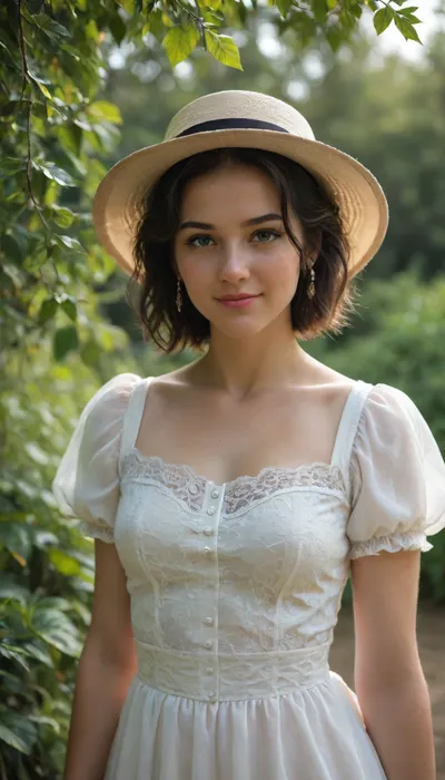 "A photo of a young woman wearing a white dress with puffy sleeves and a white hat with a ribbon. She is standing outdoors in front of a blurred background with greenery. She has long black hair and is smiling. The lighting is natural and soft, with the sun casting gentle shadows. The camera angle is eye-level, and the image is SFW. The woman has a slender build and is wearing small earrings. The dress has a gathered waist and a lace-trimmed neckline. The background is out of focus, with a mix of green and brown tones, <lora:Tifa-Lockhart-SDXL:.5>