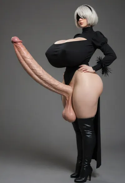 Yorha unit 2B from nier automata, arms on hips, 2b cosplay, white bobcut hair, beauty mark on left side of chin, high-slit black turtleneck top, puffed sleeves ending in mid-forearm in the form of crow feathers, thigh high black high heel boots, slim face, black blindfold, both eyes covered, futanari, FUTA, huge thick veiny cock, slim long cock, ((((((((((long cock)))))))))), huge flare, erected cock, straight erected cock, erection, detailed cock, upper curved cock, ((((huge heavy testicles)))), cleavage, (((gigantic natural breasts))), massive breasts, long breasts, saggy breasts, hanging breasts, ((gigantic hips)), (gigantic saggy breasts), black nipple pasties, (gigantic ass), huge thighs, overflowing thighs, serious expression, ((far view)), simple background, cock focus, (side view)