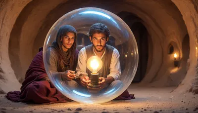 A spiral bubble, (inside the bubble, a mini Bedouin with a lamp in his hand, his image obscured by liquid glass), <lora:436263_training_data:.5>, <lora:BubbleXL:1.2>