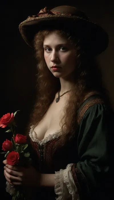 The lady with the camellias, chubby, painting, (style of Albrecht Durer:1.8), LindaBlairSDXL, <lora:dark:.8>, <lora:LindaBlairSDXL:.8>