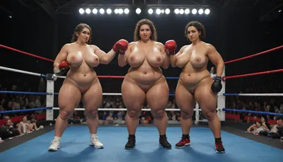 Two extremely fat nude women with huge pancake boobs boxing in a boxing ring in front of a huge audience, ((bbw:1.2)), ((muscular thighs:1.2)), ((full body view:1.4)), ((very sweaty skin:1.4))