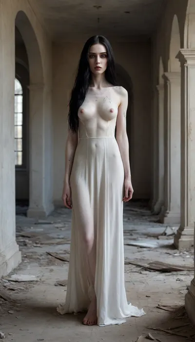 High contrast, supernatural ghost girl, alternative, goth, black very very long hair, slender figure, wide hips, shadow figure, (skin painted pale white:1.7), seductive, imposing, mascara, mysterious presence, haunting presence, stunning long legs, ghost girl, high-heeled sandals, elegant transparent robe, ethereal, walking through a Abandoned and heavy ruined and dreadful architecture, broken dirty windows, few Autumn leaves on the palaces floor, Peeling paint on the walls, large soot marks on the walls and ceilings, dark atmosphere