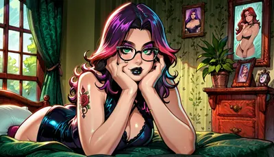 (reiq style:1), solo, sexy goth woman, 25 years old, long hair and bangs, purple hair with red highlights, freckles, glasses, green eyes, eyeliner, mascara, purple eyeshadow, black lipstick, chubby, pawg, medium breasts, black dress, nose piercing, tattoos. Full body, gothic bed room, sainy andrews cross in corner. Melkor Mancin artstyle, score_9, score_8_up, score_7_up, ratatatat74, <lora:ratatatat74-000050:1.6>, <lora:outline_xl_kohaku_delta_spv5x:1.5>, 0