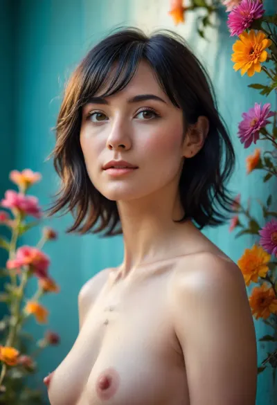 A charming Japanese woman, short tousled layered black hair with delicate wispy bangs, direct sunlight illuminating the left side of her face, a vibrant beautiful rainbow prism light flare refracts across the right side of the image washing over her hair and shoulder with a spectrum of vivid colors, She is set against a simple muted teal-colored wall, delicate dried flowers in the foreground, (nude:1.3), (pretty face:1.8), (perfect nose:1.6), slender body, perfect legs, fair skin, (full body portrait:1.3), <lora:Midjourney Image Enhancer XL v1:.8> A charming Japanese woman, short tousled layered black hair with delicate wispy bangs, direct sunlight illuminating the left side of her face, a vibrant beautiful rainbow prism light flare refracts across the right side of the image washing over her hair and shoulder with a spectrum of vivid colors, She is set against a simple muted teal-colored wall, delicate dried flowers in the foreground, (nude:1.3), (pretty face:1.8), (perfect nose:1.6), slender body, perfect legs, fair skin, (full body portrait:1.3), <lora:Midjourney Image Enhancer XL v1:.8>
