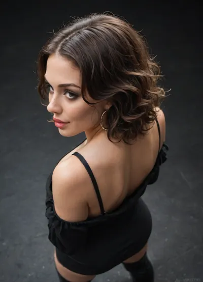 Gorgeous milf, brunette hair, (wild hair:1.2), short hair, loose hair, smirk, grin, cruel mistress, (bimbo makeup), dark lipstick, (sharp facial features:1.2), (snub-nosed:1.2), (large full lips:1.2), (wide jaw), big eyes, black mini dress, long sleeve dress, bodycon dress, black background, downblouse, black thigh-high-boots, (dancing), (posing), high angle view, (close-up view), (back arched)