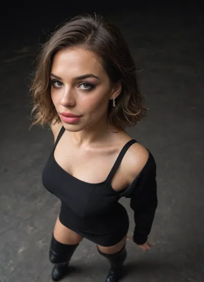 Gorgeous gilf, brunette hair, (wild hair:1.2), short hair, loose hair, smirk, grin, cruel mistress, (bimbo makeup), dark lipstick, (sharp facial features:1.2), (snub-nosed:1.2), (large full lips:1.2), (wide jaw), big eyes, black mini dress, long sleeve dress, bodycon dress, black background, downblouse, black thigh-high-boots, (dancing), (posing), high angle view, (close-up view), front view, (back arched), standing