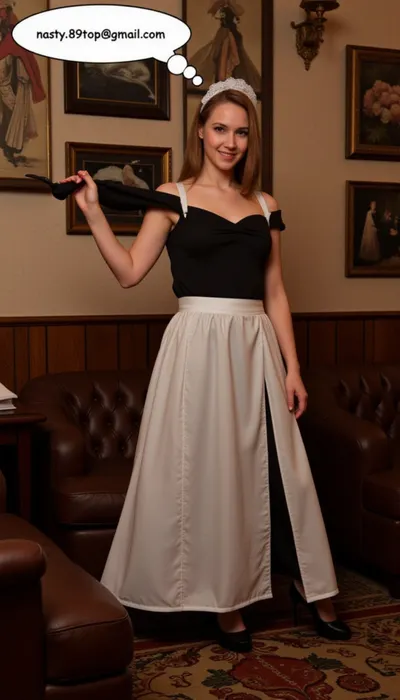 A petite french maid, wearing a maid uniform, speech bubble "nasty.89top@gmail.com", in an old fashioned gentlemen club.