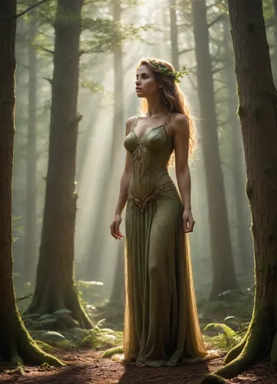 A dryad standing gracefully in the distance, framed by ancient trees and soft forest light. She is seen from mid or far perspective, partially veiled by mist and sunbeams filtering through the canopy. Her skin seamlessly resembles living wood — smooth, warm, and organic, with subtle veins of green and golden sap beneath the surface, as if her body itself grew from the forest. The expression is serene and wise, eyes reflecting dappled sunlight. Soft golden rays illuminate floating dust motes, enhancing the ethereal atmosphere. Painterly style, cinematic composition, fine art, highly detailed, atmospheric fantasy landscape.
fantasy art, fine art painting, natural textures, forest spirit, ethereal lighting, SFW, atmospheric perspective, nature harmony
