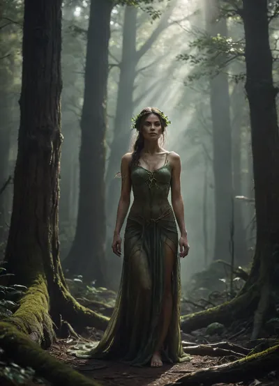 A dryad standing gracefully in the distance, framed by ancient trees and soft forest light. She is seen from mid or far perspective, partially veiled by mist and sunbeams filtering through the canopy. Her skin seamlessly resembles living wood — smooth, warm, and organic, with subtle veins of green and golden sap beneath the surface, as if her body itself grew from the forest. The expression is serene and wise, eyes reflecting dappled sunlight. Soft golden rays illuminate floating dust motes, enhancing the ethereal atmosphere. Painterly style, cinematic composition, fine art, SFW, highly detailed, atmospheric fantasy landscape.
fantasy art, fine art painting, natural textures, forest spirit, ethereal lighting, atmospheric perspective, nature harmony, Dark, dreams, Eerie, reality, Horror, Darkness, <lora:DDXL:.8>
