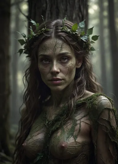 Realistic fantasy portrait of a dryad, a spirit of the forest. Her body is covered with natural bark patterns that look like a second skin — smooth, flexible, and seamlessly grown from her form. Subtle lines of moss and veins of green light run beneath the surface, giving her a living, organic appearance. Her eyes reflect forest light, and her hair flows like fine roots mixed with leaves. The background shows a softly lit woodland filled with warm golden rays. SFW, fine art concept art, cinematic realism, detailed textures, serene expression, nature spirit theme., Dark, dreams, Eerie, reality, Horror, Darkness, <lora:DDXL:.8>