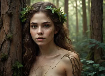 Realistic fantasy portrait of a dryad, a spirit of the forest. Her body is covered with natural bark patterns that look like a second skin — smooth, flexible, and seamlessly grown from her form. Subtle lines of moss and veins of green light run beneath the surface, giving her a living, organic appearance. Her eyes reflect forest light, and her hair flows like fine roots mixed with leaves. The background shows a softly lit woodland filled with warm golden rays. SFW, fine art concept art, cinematic realism, detailed textures, serene expression, nature spirit theme., MJgothic, <lora:MJgothic:.8>