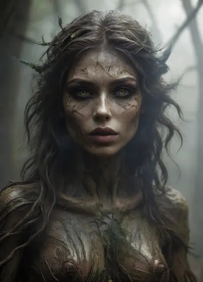 Realistic fantasy portrait of a dryad, a spirit of the forest. Her body is covered with natural bark patterns that look like a second skin — smooth, flexible, and seamlessly grown from her form. Subtle lines of moss and veins of green light run beneath the surface, giving her a living, organic appearance. Her eyes reflect forest light, and her hair flows like fine roots mixed with leaves. The background shows a softly lit woodland filled with warm golden rays. SFW, fine art concept art, cinematic realism, detailed textures, serene expression, nature spirit theme., (magic), wraith, <lora:RPGWraithXL:.8>, smoking, smoke, coming, out, of, the, mouth, <lora:Smoking_Babes_XL_V2:.8>, harpy, <lora:RPGHarpyXL:.8>