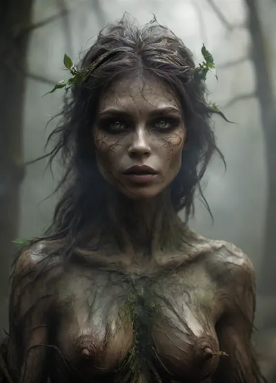 Realistic fantasy portrait of a dryad, a spirit of the forest. Her body is covered with natural bark patterns that look like a second skin — smooth, flexible, and seamlessly grown from her form. Subtle lines of moss and veins of green light run beneath the surface, giving her a living, organic appearance. Her eyes reflect forest light, and her hair flows like fine roots mixed with leaves. The background shows a softly lit woodland filled with warm golden rays. SFW, fine art concept art, cinematic realism, detailed textures, serene expression, nature spirit theme., (magic), wraith, <lora:RPGWraithXL:.8>, smoking, smoke, coming, out, of, the, mouth, <lora:Smoking_Babes_XL_V2:.8>, harpy, <lora:RPGHarpyXL:.8>, longnips, <lora:longnipsxl:.8>