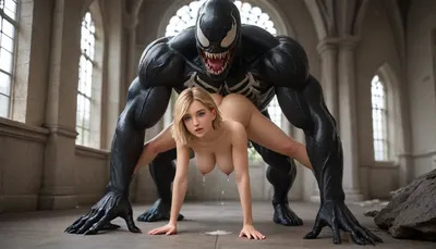 Gwen Stacy, (Multiverse), half naked, ripped spiderman costume, giant bulge belly, sprayingmilk lactation, lactation, standing position, from behind, leg spreded, Venom anal sex