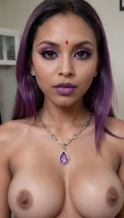 (high-quality facial detail:1.3), Indian sexy beautiful girl, (blue eyes:1.3), ((bimbo makeup, intense saturated glossy purple lipstick:1.2)), (Indian face:1.9), ((makeup:1.8), long blue eyelashes, olive eyeshadow with glitter), (lips:1.2), open mouth, saliva, in a transparent tight-fitting sequined dress, (pink-purple areoles are visible, nipples with piercings), an exquisite necklace and gold bracelets, (purple anus stretched around dildo), mid ejaculation, (penetration), she has long hair tied up in a bun, (purple pussy:1.7), nipple ringsnipple, (purple puffy anus:1.5), nipple ringsnipple rings, pussy view, slit pussy, slender long legs with a high waist, fishnet stockings, green stilettos, seductive grins, dark skin., (cum in mouth:1.3), (heavy pussy piercing:1.7), There is a lot of cum on the pubic area of the anus, flower, fox, <lora:flower fox_sdxl_O8RF:2>