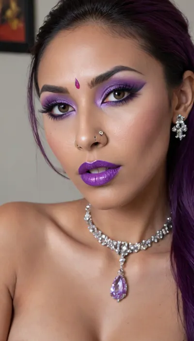 (high-quality facial detail:1.3), Indian sexy beautiful girl, (blue eyes:1.3), ((bimbo makeup, intense saturated glossy purple lipstick:1.2)), (Indian face:1.9), ((makeup:1.8), long blue eyelashes, olive eyeshadow with glitter), (lips:1.2), open mouth, saliva, in a transparent tight-fitting sequined dress, (pink-purple areoles are visible, nipples with piercings), an exquisite necklace and gold bracelets, (purple anus stretched around dildo), mid ejaculation, (penetration), she has long hair tied up in a bun, (purple pussy:1.7), nipple ringsnipple, (purple puffy anus:1.5), nipple ringsnipple rings, pussy view, slit pussy, slender long legs with a high waist, fishnet stockings, green stilettos, seductive grins, dark skin., (cum in mouth:1.3), (heavy pussy piercing:1.7), There is a lot of cum on the pubic area of the anus, <lora:926087_training_data:2>