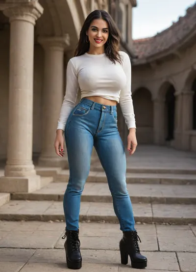 Single azeri girl is 30 years old, her height is 160 centimeters, her weight is 48 kilograms, bright makeup, high cheekbones, beautiful almond-shaped eyes, real eyes, thick eyelashes, steep arch thick eyebrows, white even teeth in mouth, joyful smile, (legs:1.3), (black very high heel platform boots, long blue jeans, breasts under long white shirt with long sleeves), with radiant skin, very long straight layered flowing black hair, light skin color, warm skin, skinny body, skinny legs, skinny physique, skinny hips, relief muscles, (huge fake breasts, (DDDD-CUP), perfect round silicone breasts, bouncy breasts, toned breasts), highly detailed breasts, highly detailed skin, highly detailed face, highly detailed teeth, highly detailed hands, highly detailed arms, highly detailed fingers, highly detailed nails, highly detailed lips, highly detailed eyes, highly detailed legs, realistic, (best quality), masterpiece, high resolution, wallpaper 8k, UHD, (high quality), (super detail), 8K, (highest quality), (best details), (perfect lighting), perfect natural lighting, (best shadow), (best shot), (best lighting), (best shadow, best shaded shadows), shot with a Nikon Z7 II camera, very narrow waist, rounded hips, very high legs, 1girl, very big bright red lips, plump red lips, fingers with red manicure, yellow gold earings, hooker, walking down the stairs to the pool in a palace.