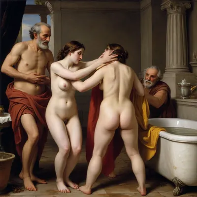 Susanna and the Elders, an oil painting painted in 1610 by the Italian artist Artemisia Gentileschi, (The painting depicts only one naked girl and only two old men in clothes), The old men are harassing the girl, and the girl is fighting off the old men. In the 6th century BC, there lived in the city a young, beautiful and very virtuous woman named Susanna. In those years, the power in the city belonged to the elders and judges. Two high-ranking Jews, who were just judges, unfortunately for Susanna, were so captivated by her beauty and youth that they could not curb their flaring passions. They began to secretly and constantly spy on the woman walking in the garden. One day they were lucky enough to see the woman naked, bathing at a spring in a bath in the garden all alone. Lust and desire so took hold of the venerable elders that they began to openly harass the beauty. The God-fearing and chaste Susanna, put in a hopeless situation by the elders, still refuses them. For her, the fall into sin is more terrible than human condemnation and punishment.